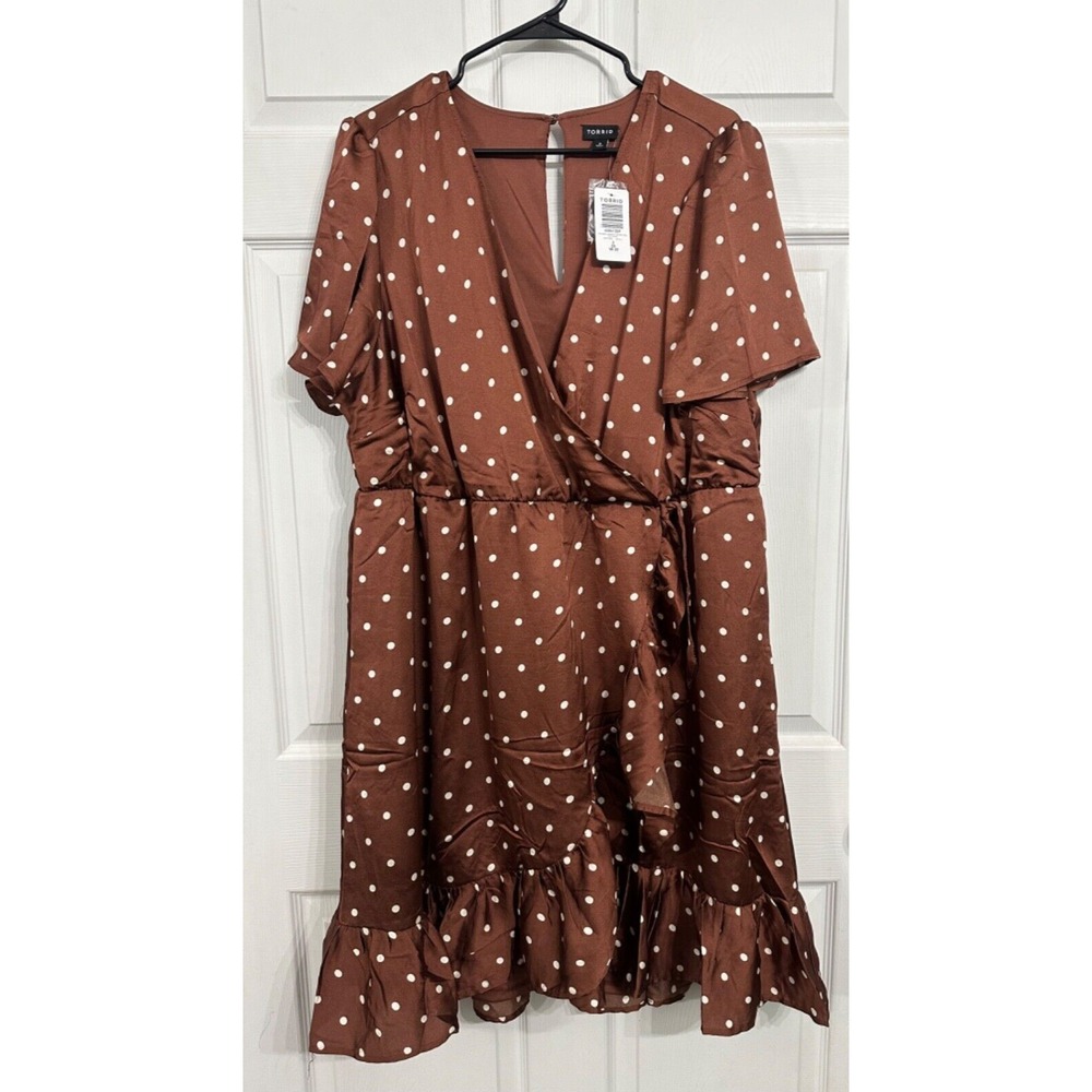 NWT Torrid Size 2 18/20 Mini Bubble Charmeuse Faux Wrap Dress Brown Polka Dot